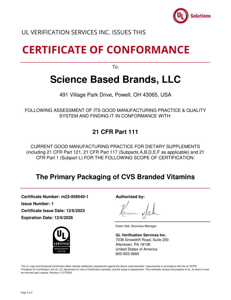 Science Based Brands UL Cert